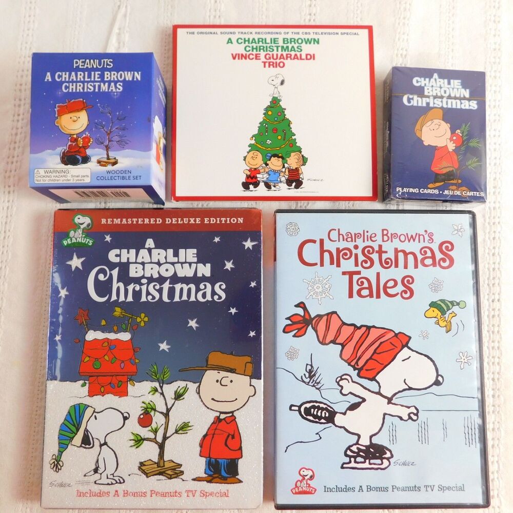 Peanuts Charlie Brown Christmas Lot of 5 Pcs, CDs DVDs, Playing Cards, Wood Set!